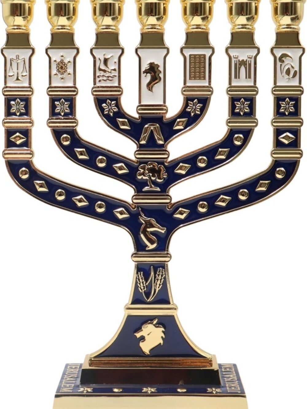 7 Branch Menorah with Blue Enamel Jerusalem Design, 12 Tribes Candle Holder 10.8